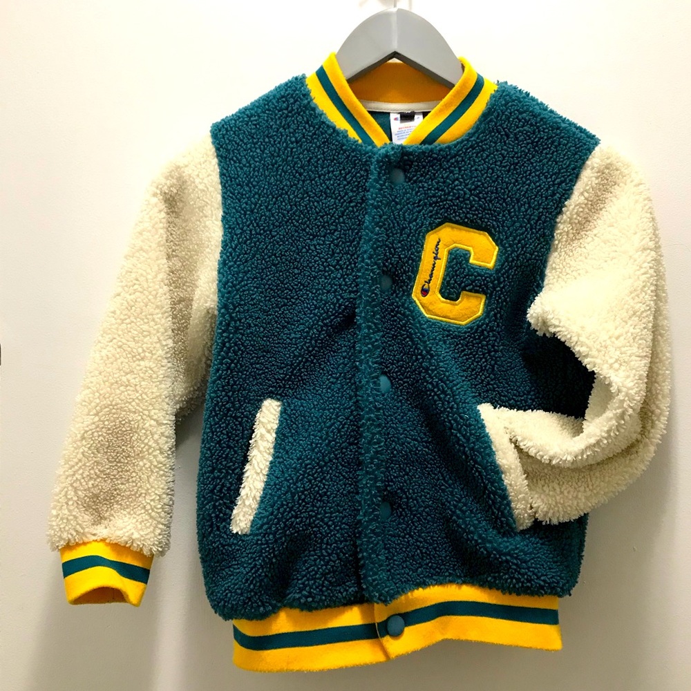 Champion eco Teal kids teddy Varsity Bomber Jacket size 130 (8/9 YO)